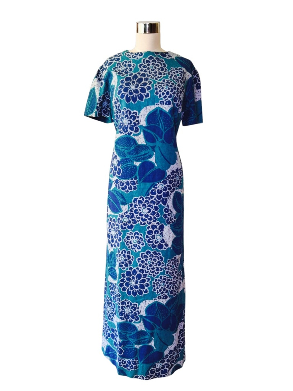 Vintage 60s Hawaiian Blue Barkcloth Maxi Dress Blue Floral Tiki Resort